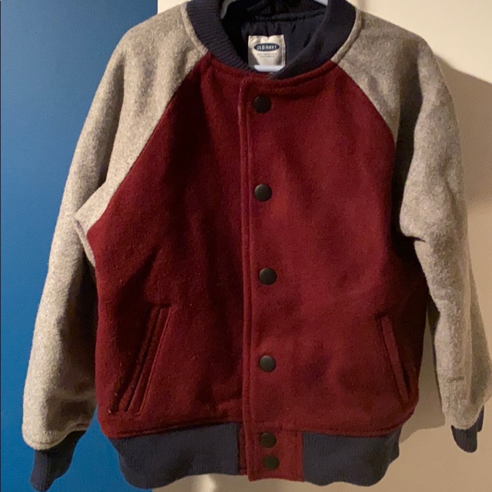 Gray and burgundy varsity jacket for toddler boys